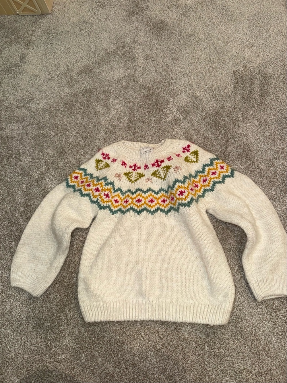 Zara Cream Fair Isle Yoke Sweater with Pink, Green & Teal Accents